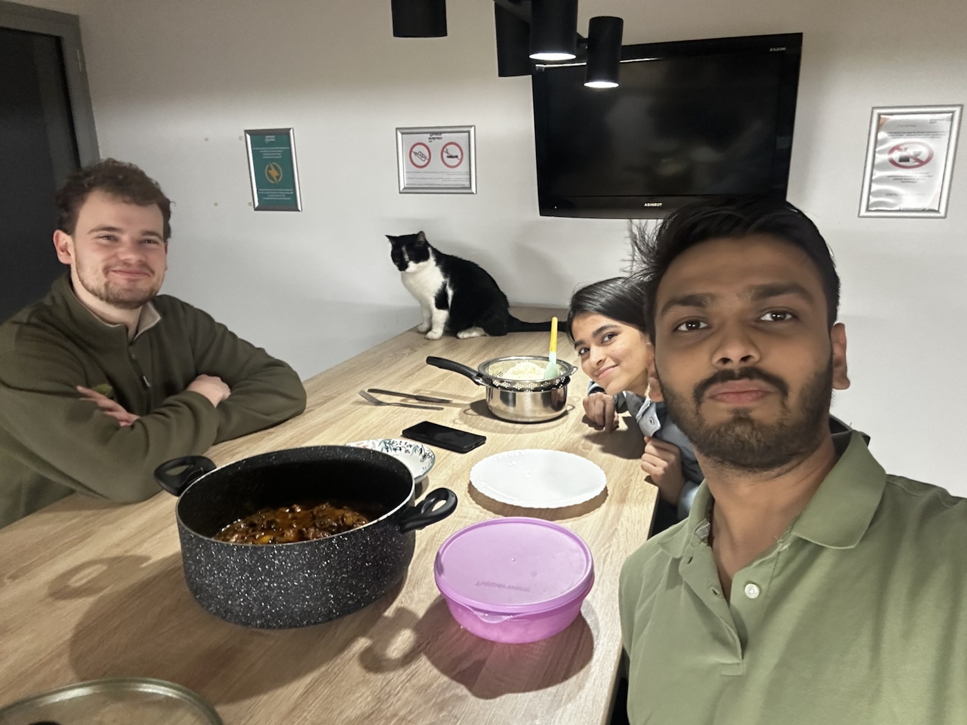 Friends sharing home-cooked food with Gustave the cat nearby