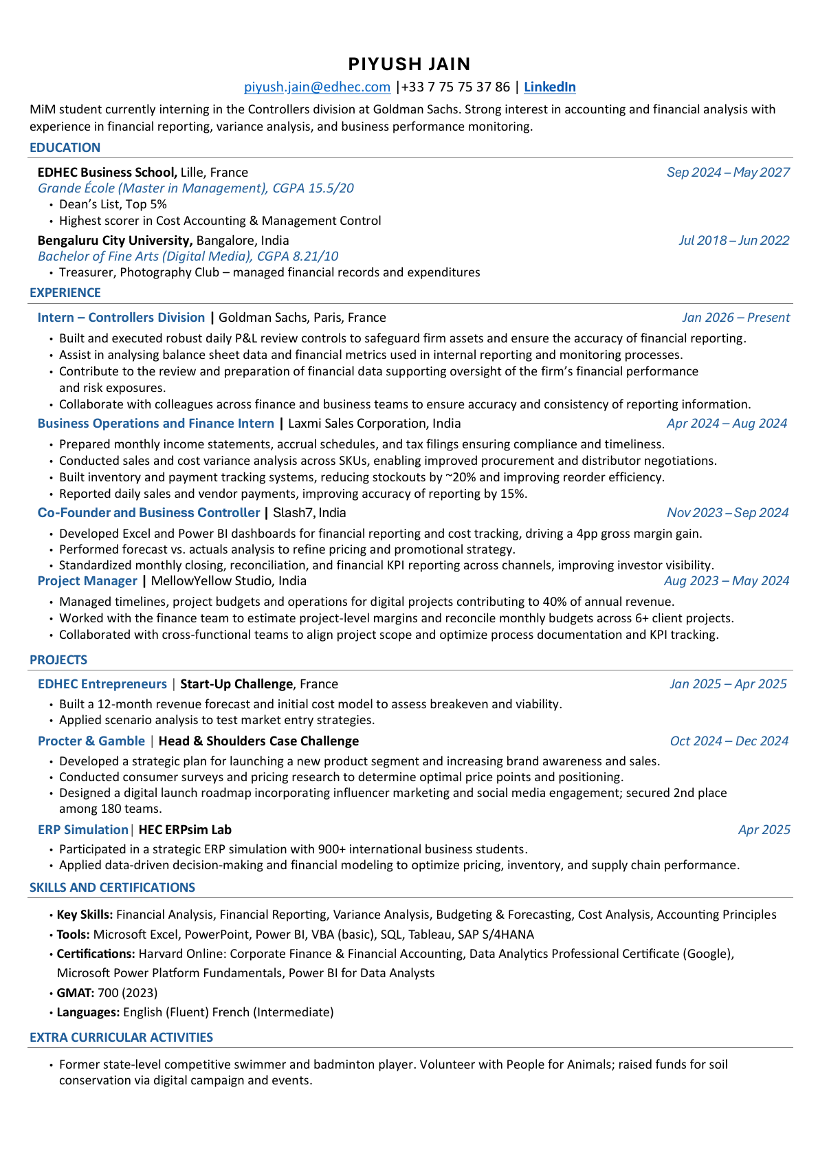Preview of Piyush Jain's resume