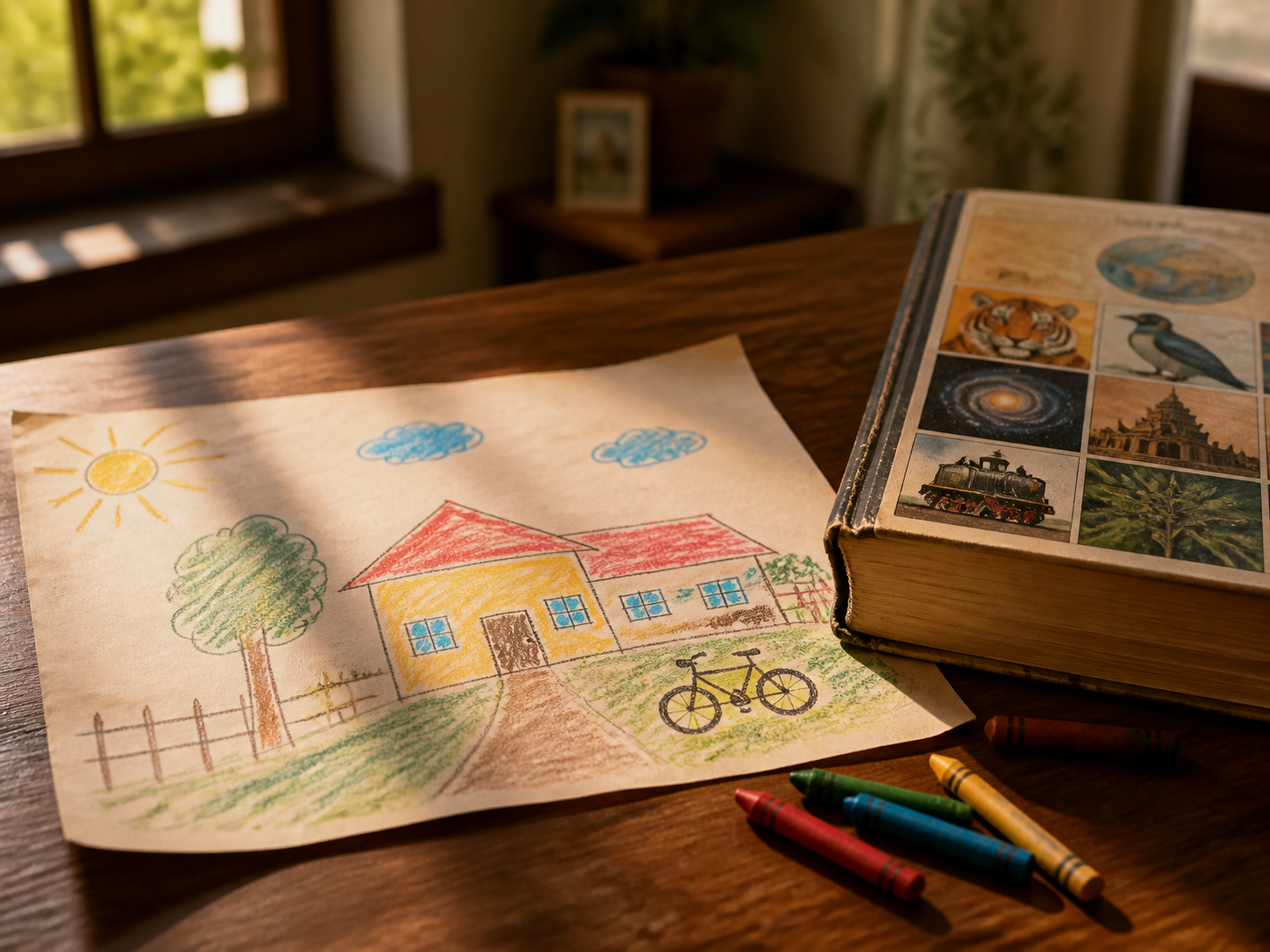 A child's crayon drawing of home beside a well-loved encyclopaedia